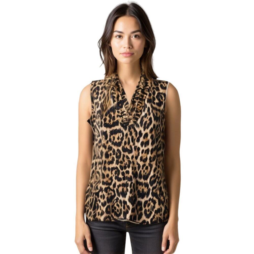 Anne Klein V-Neck Leopard Print Sleeveless Top Size S
